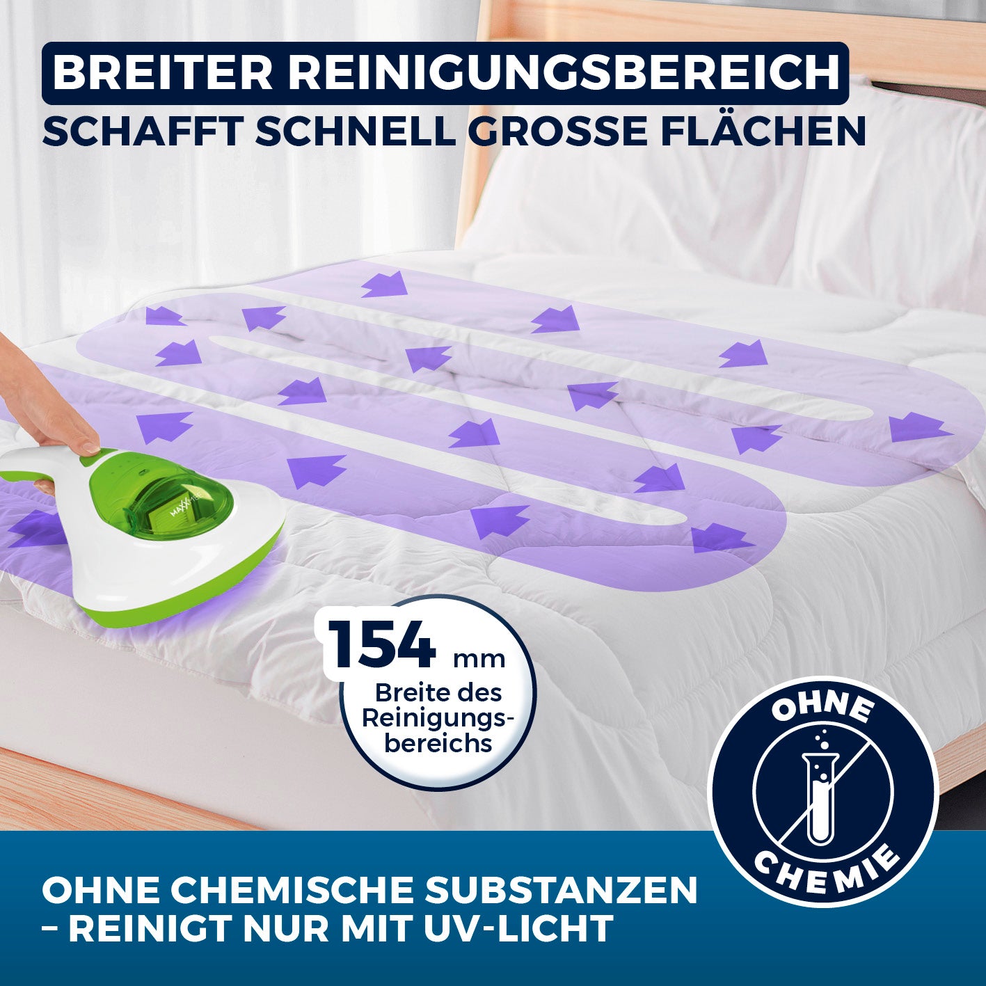 Milbensauger Vibration - HEPA-13-Filter - weiß/limegreen mit breitem 154 mm Reinigungsbereich und UV-Licht ohne Chemie.