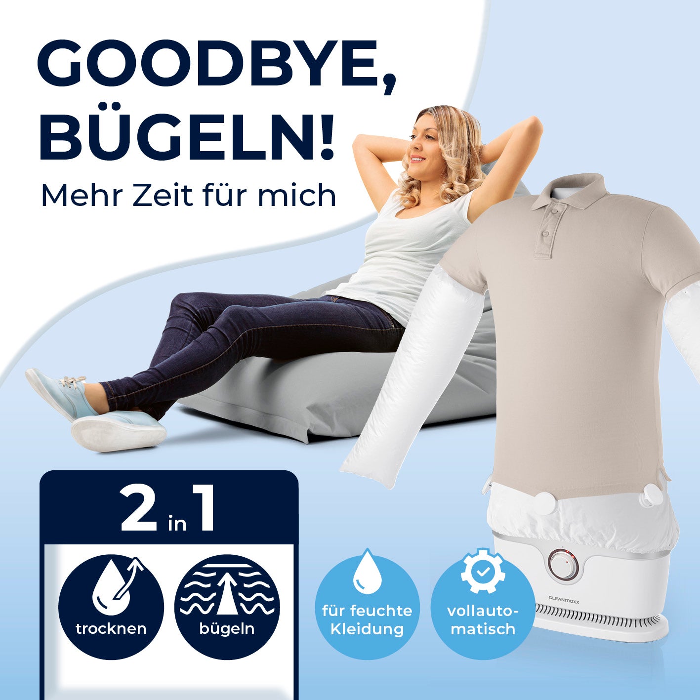 Hemdenbügler PRO - Weiß/Silber zeigt vollautomatisches Trocknen und Bügeln feuchter Kleidung für mehr Freizeit.