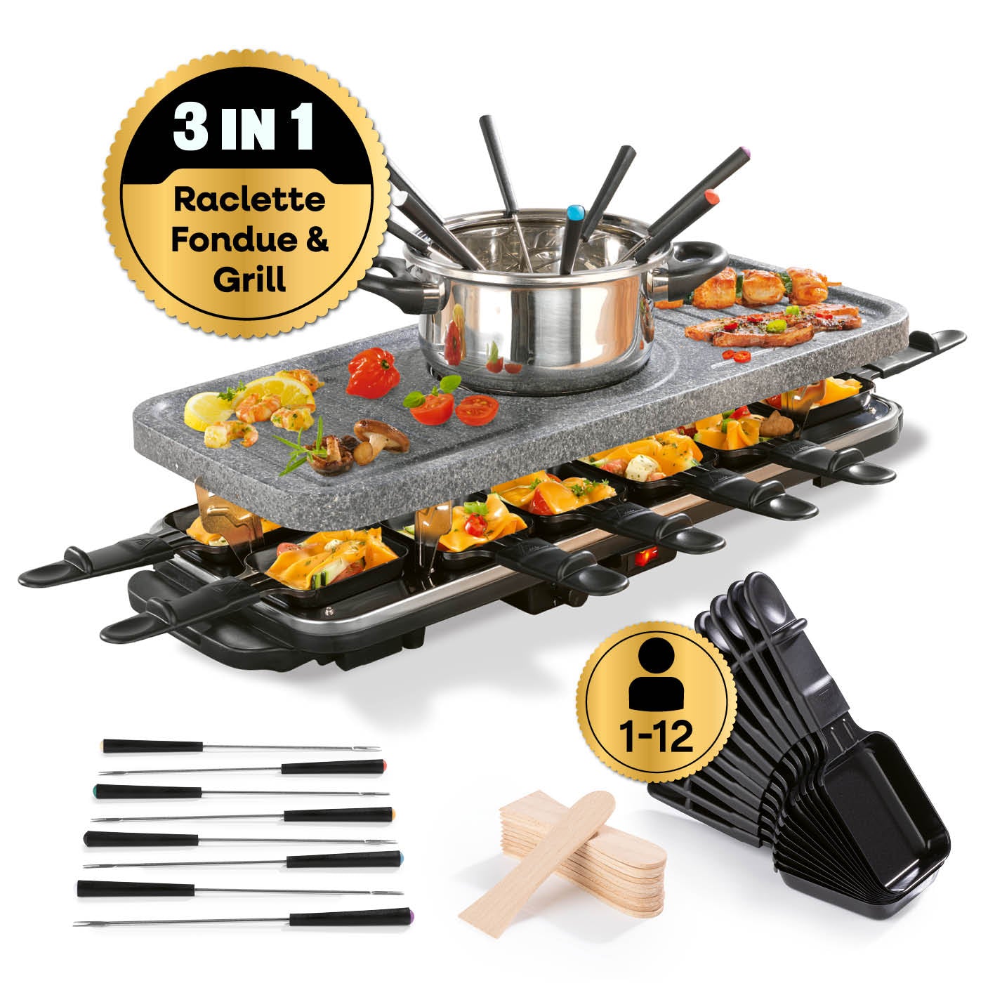 Raclette- & Fondue-Set GRANITlook - schwarz mit 12 Raclette-Pfännchen, Fondue-Topf, Granit-Heißer Stein und Grillfunktion, 1600 Watt.