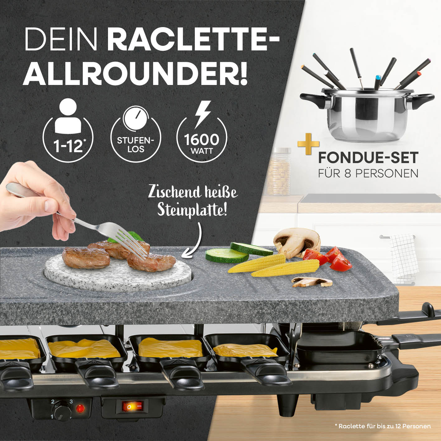 Raclette- & Fondue-Set GRANITlook - schwarz mit heißer Steinplatte, 12 Raclettepfännchen und Fondue für 8 Personen, 1600 Watt, stufenlos regelbar.