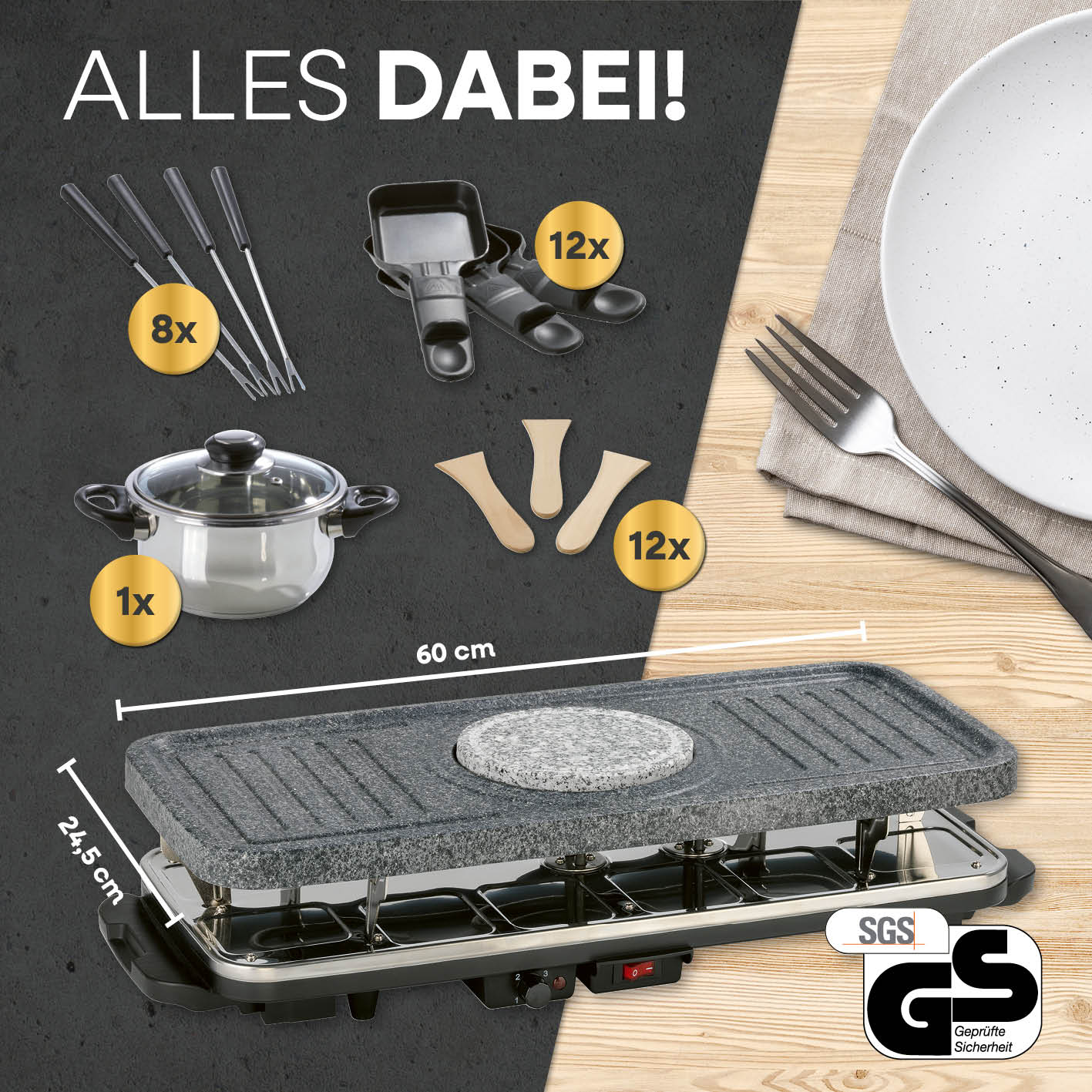 Raclette- & Fondue-Set GRANITlook - schwarz mit Raclette-Pfännchen, Fonduegabeln, Edelstahlkochtopf und Granit-Grillplatte, 12 Personen.