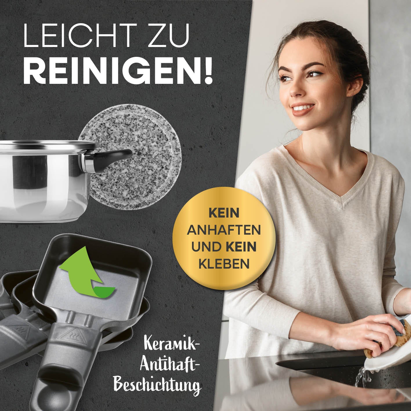 Raclette- & Fondue-Set GRANITlook - schwarz mit Keramik-Antihaftbeschichtung, leicht zu reinigen, kein Anhaften oder Kleben.
