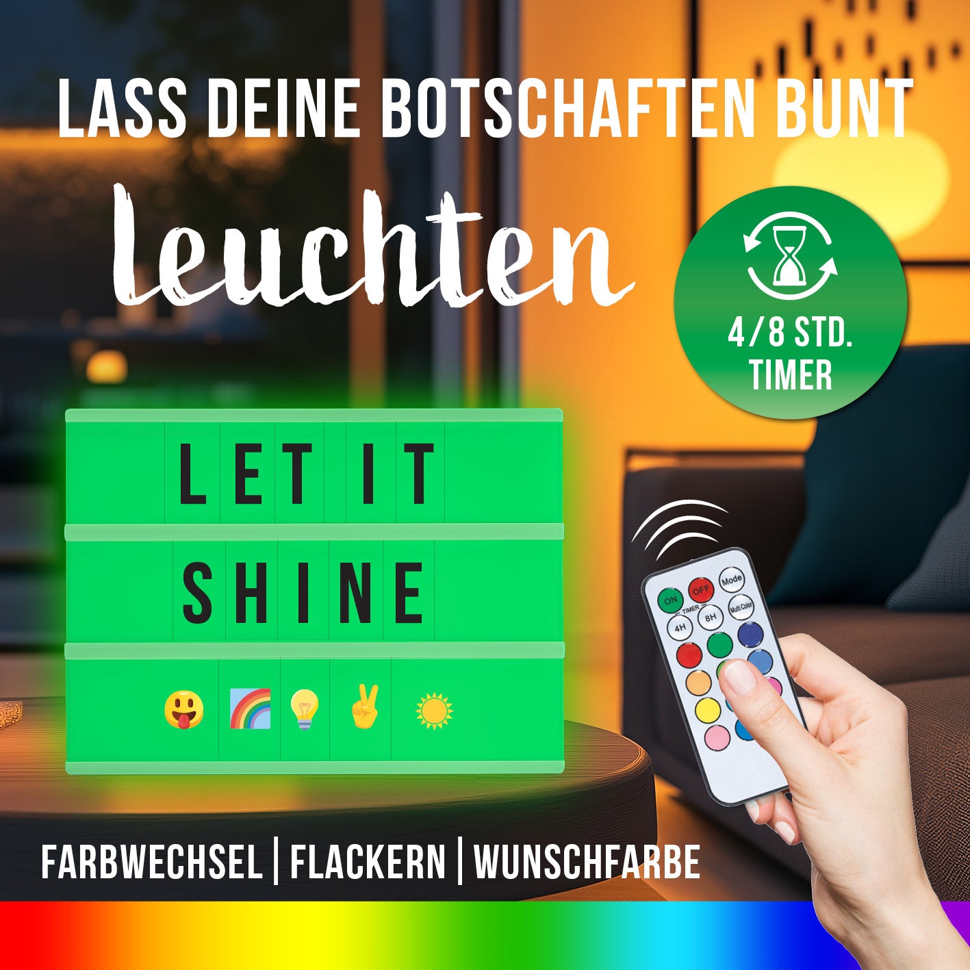 LED-Leuchtkasten A4 mit Timerfunktion, Farbwechsel, Flackern, Wunschfarbe und 173 austauschbaren Buchstaben und Symbolen.