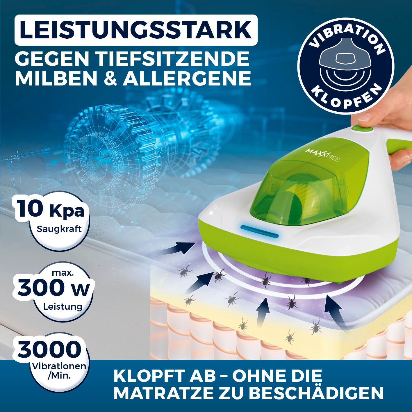 Milbensauger Vibration - EPA-11-Filter - weiß/limegreen mit 10 kPa Saugkraft, 300 W Leistung und 3000 Vibrationen/min für milbenfreie Matratzen.