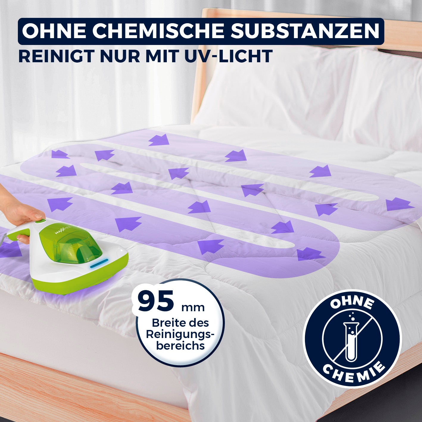Milbensauger Vibration - EPA-11-Filter - weiß/limegreen reinigt Matratzen mit UV-Licht ohne chemische Substanzen, 95 mm Reinigungsbreite.