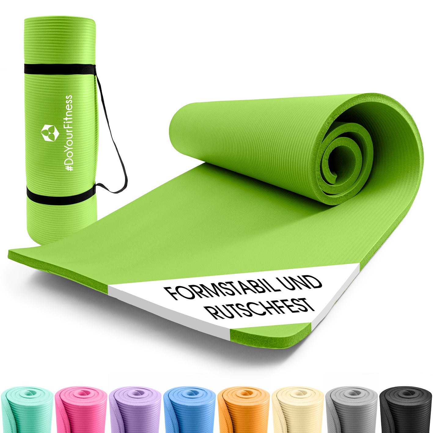 Fitness- und Gymnastikmatte - 183 x 61 x 1,5 cm - Grün, rutschfest, robust und mit praktischem Tragegurt für Indoor- und Outdoor-Training.