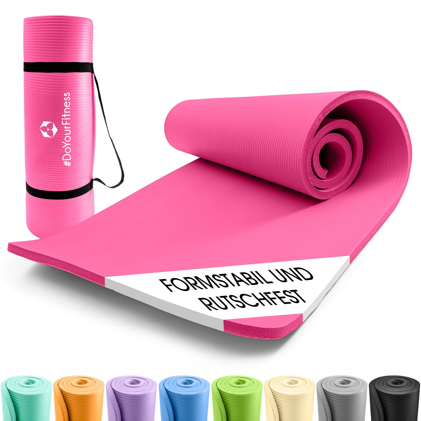Fitness- und Gymnastikmatte - 183 x 61 x 1,5 cm - Pink, rutschfest, robust, leicht mit Tragegurt, für Yoga und Gymnastik indoors und outdoors.