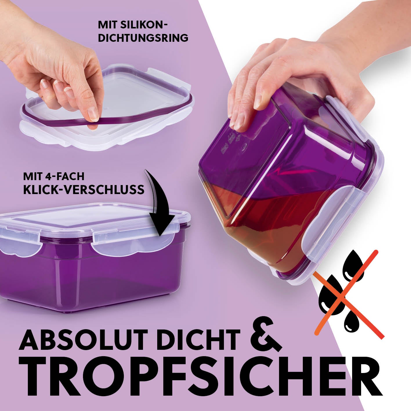 Frischhaltedosen Klick-it, 28-tlg., Lila mit luftdichtem 4-Fach Klickverschluss und Silikon-Dichtungsring, tropfsicher und auslaufsicher.
