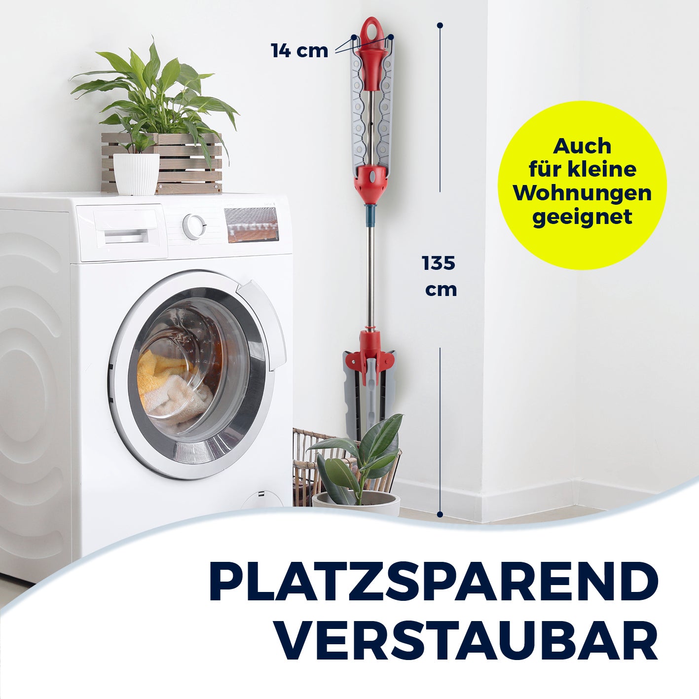 Wäschespinne platzsparend verstaut, nur 14 cm breit und 135 cm hoch, ideal für kleine Wohnungen und Balkone.