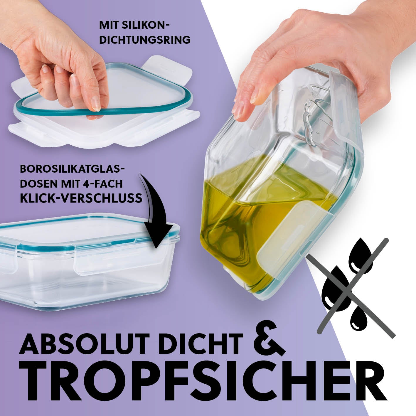 Frischhaltedosen Klick-it, 8-tlg., Mint – luftdichte Borosilikatglas-Dosen mit Silikon-Dichtungsring und 4-fach Klickverschluss, tropfsicher, robust.