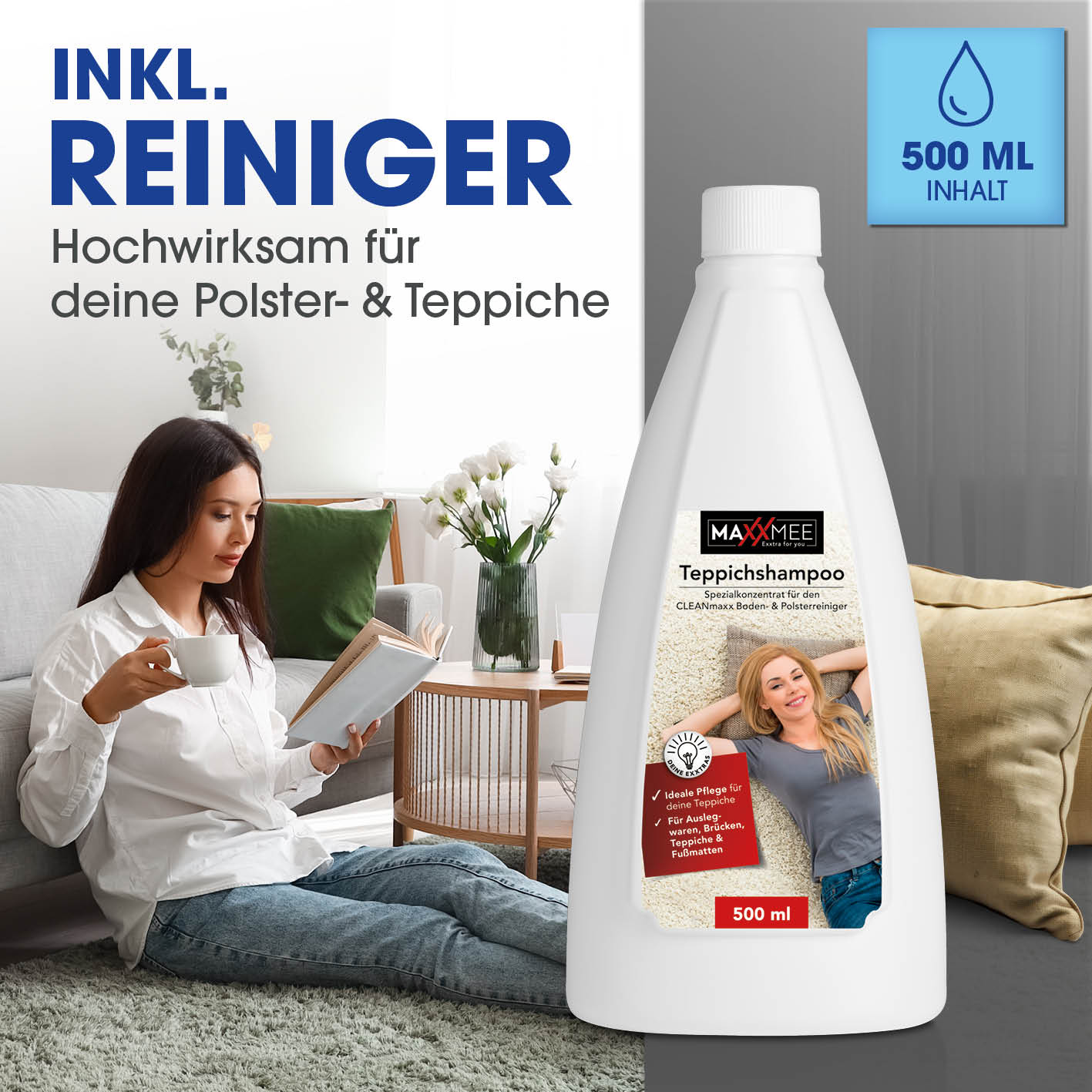 Teppichreiniger Pro+ mit 500 ml Teppichshampoo für gründliche Reinigung von Polstern und Teppichen im Haushalt.