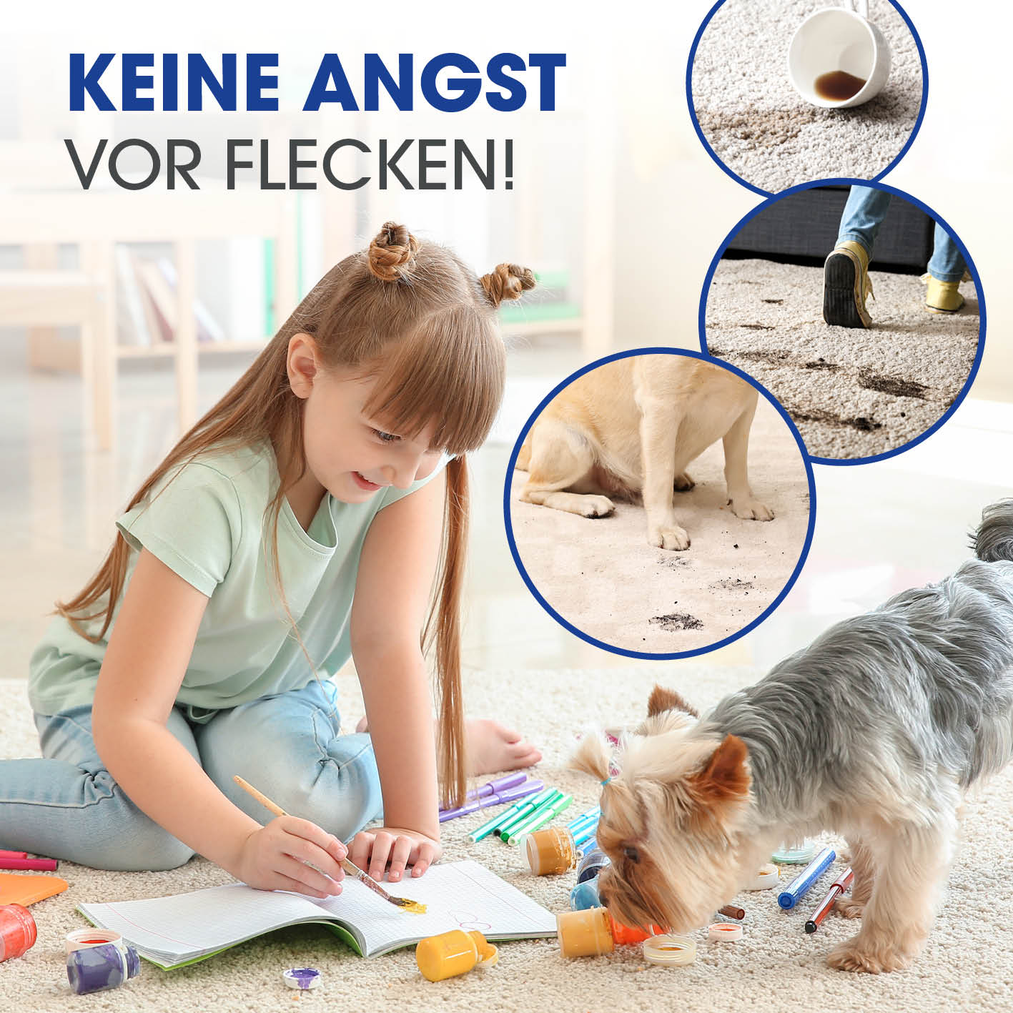 Teppichreiniger Pro+ entfernt mühelos Flecken wie Kaffee und Pfotenabdrücke von Teppichen und Polstern im Haushalt.