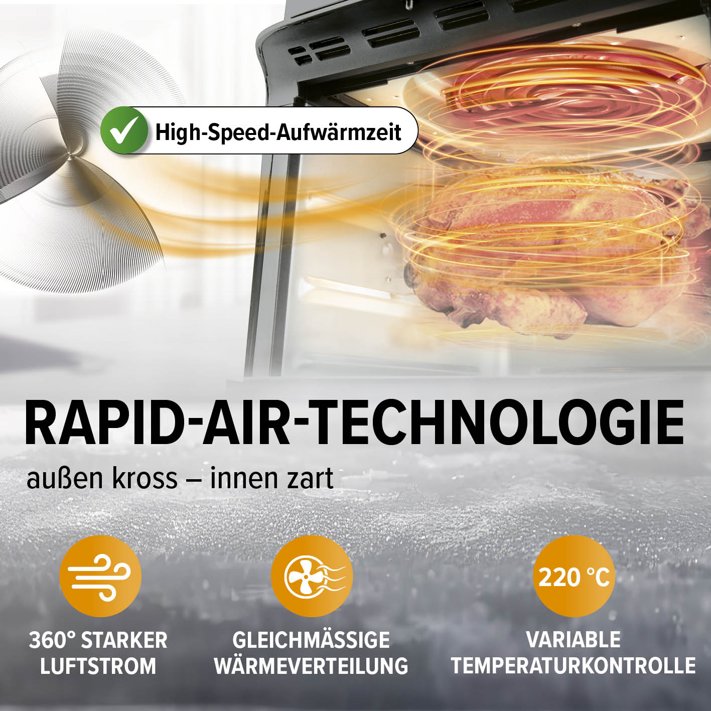 Digitale Heißluftfritteuse - 9 l Ofen mit Rapid-Air-Technologie, 360° Luftstrom, gleichmäßiger Wärmeverteilung und variabler Temperatur bis 220°C.