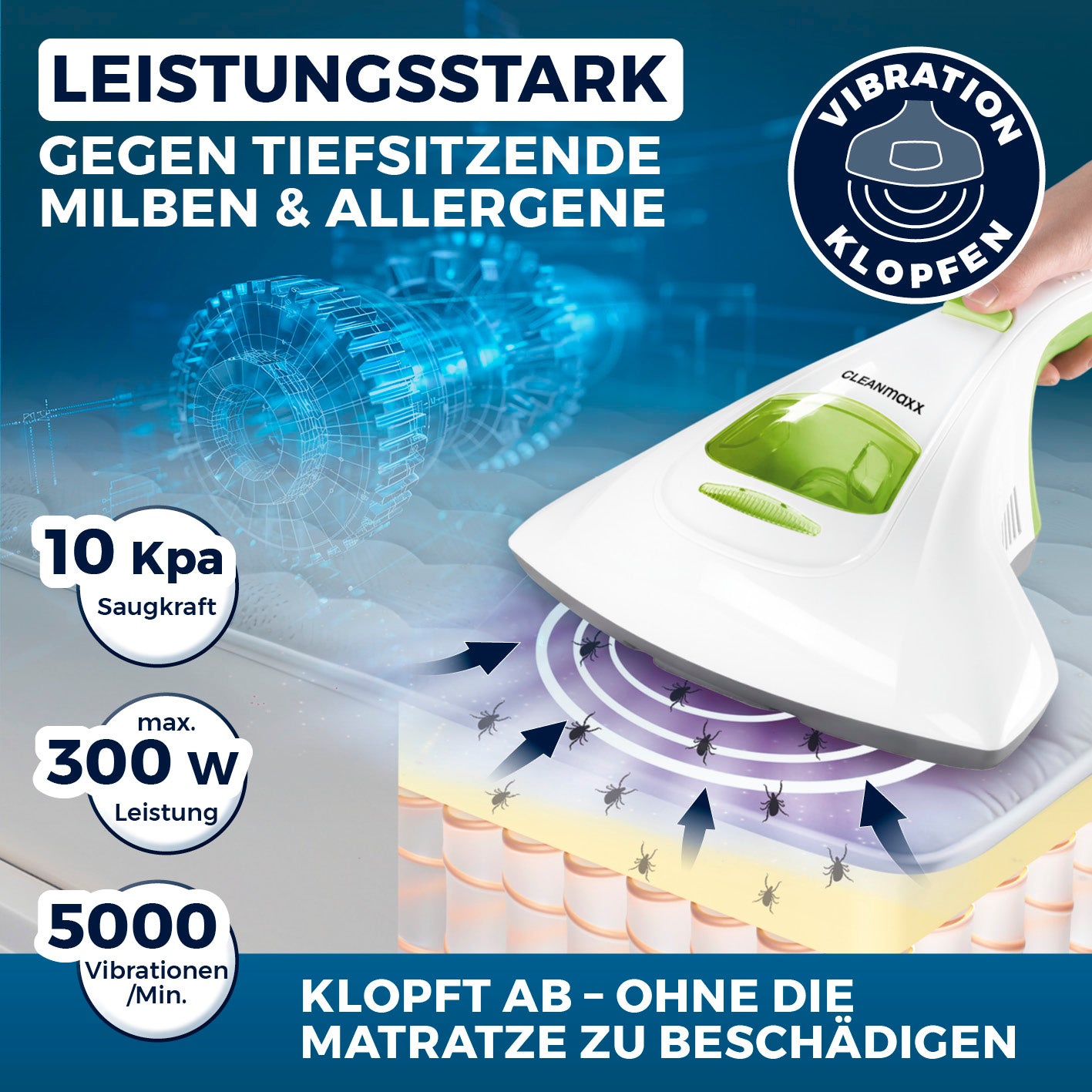 Milbensauger Vibration - Weiß/Limegreen entfernt Milben und Allergene kraftvoll mit 10 kPa Saugkraft und 5000 Vibrationen pro Minute.