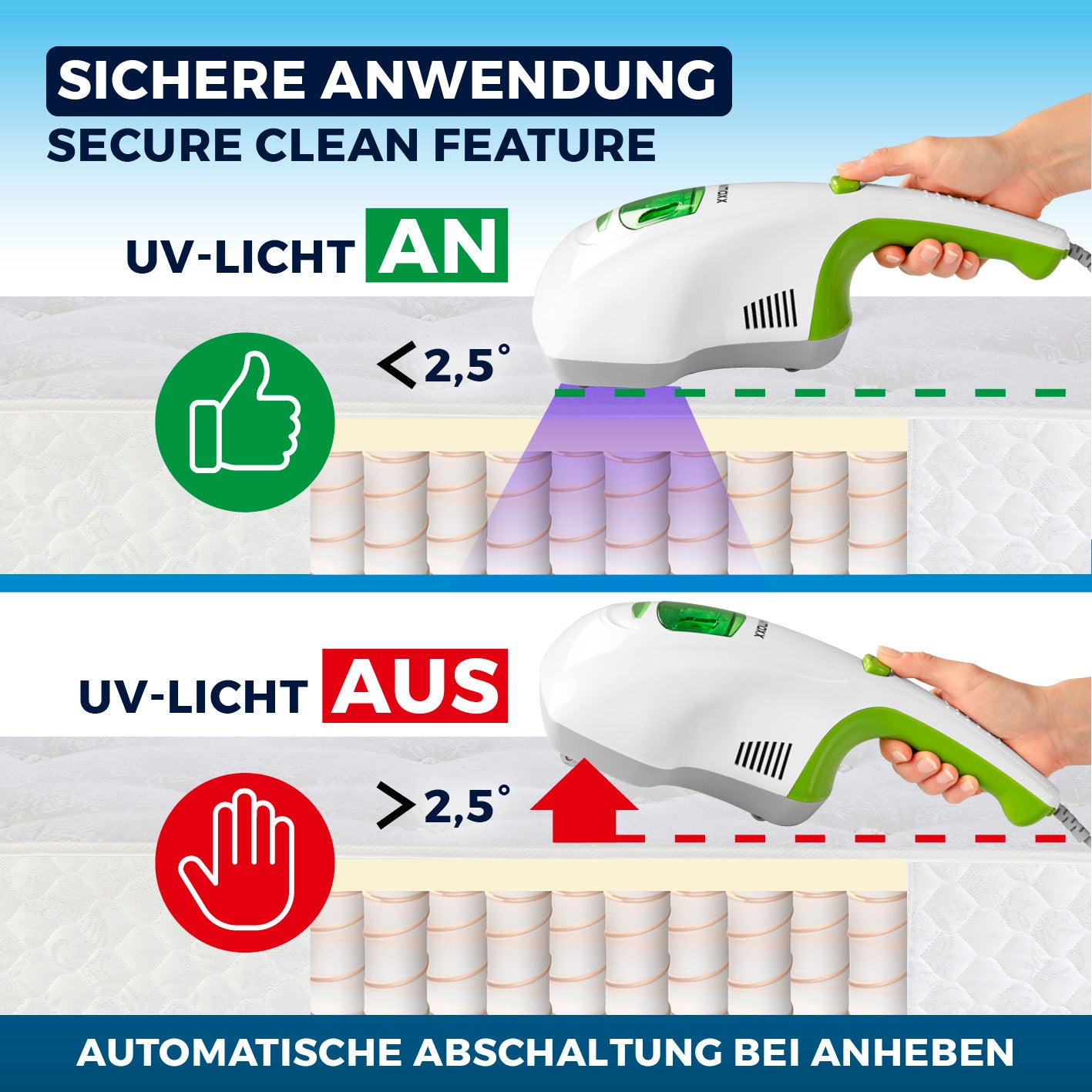Milbensauger Vibration - Weiß/Limegreen mit UV-C-Licht, das bei Kontakt aktiviert wird, für sichere und effektive Milbenentfernung.