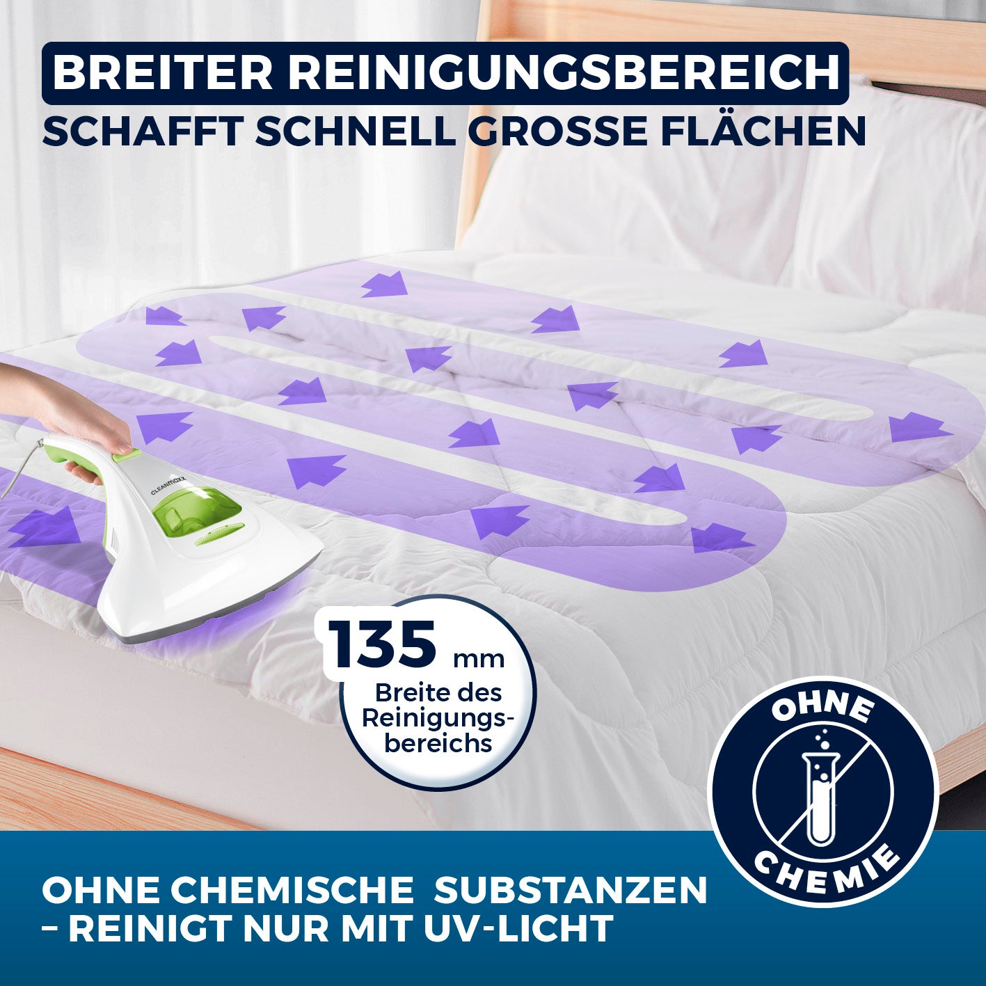 Milbensauger Vibration - Weiß/Limegreen mit 135 mm breitem Reinigungsbereich und UV-Licht, reinigt große Flächen ohne Chemie.