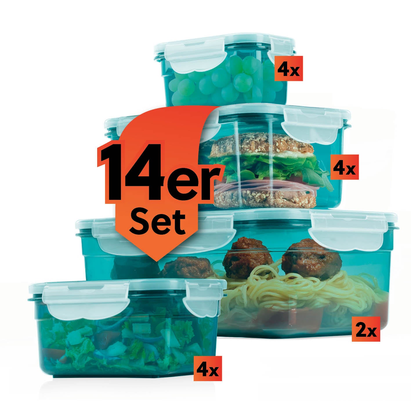 Frischhaltedosen Klick-it, 28-tlg., Smaragd 14-teiliges Set luftdichte, stapelbare Kunststoffdosen in 4 Größen für Meal Prep und Aufbewahrung.