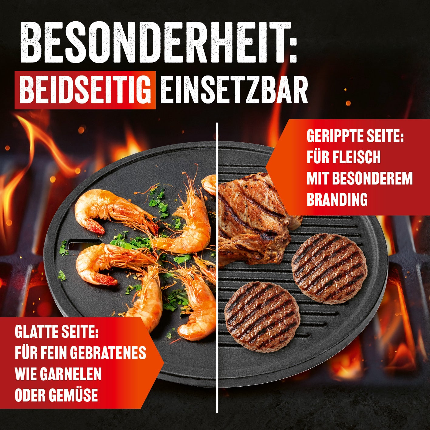 Modulus Grillplatte aus emailliertem Gusseisen, beidseitig nutzbar mit glatter und gerippter Seite für vielfältiges Grillgut.