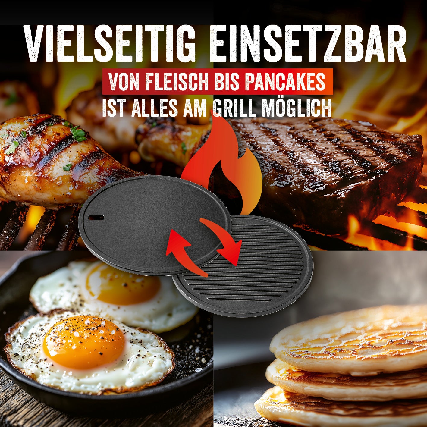 Modulus Grillplatte aus emailliertem Gusseisen mit zwei Seiten für Fleisch, Eier und Pancakes, 30,5 cm Durchmesser.