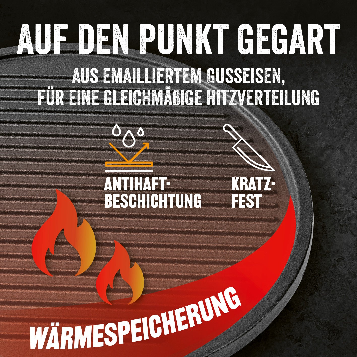 Modulus Grillplatte aus emailliertem Gusseisen mit Antihaftbeschichtung, kratzfest und optimaler Wärmespeicherung für gleichmäßiges Grillen.