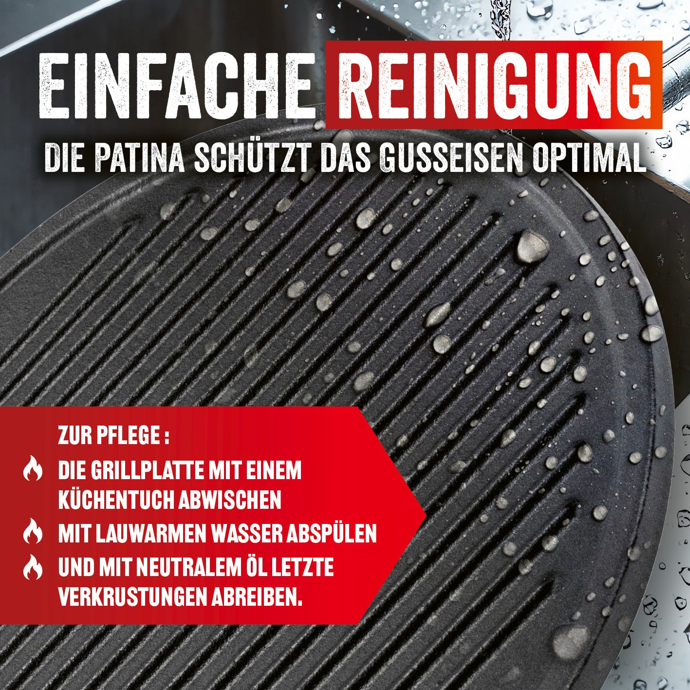 Modulus Grillplatte mit gerippter Oberfläche, Wassertropfen zeigen einfache Reinigung und Pflegehinweise für Gusseisen.