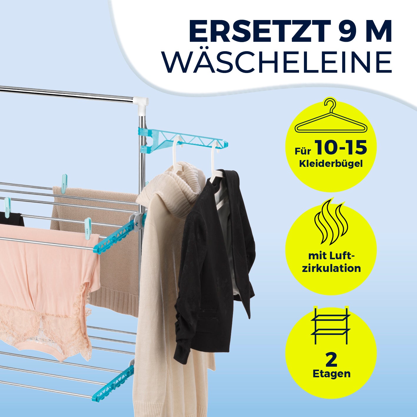 Elektro-Wäscheständer 900 mit 9m Trockenlänge, Luftzirkulation, 2 Etagen und Platz für 10-15 Kleiderbügel.