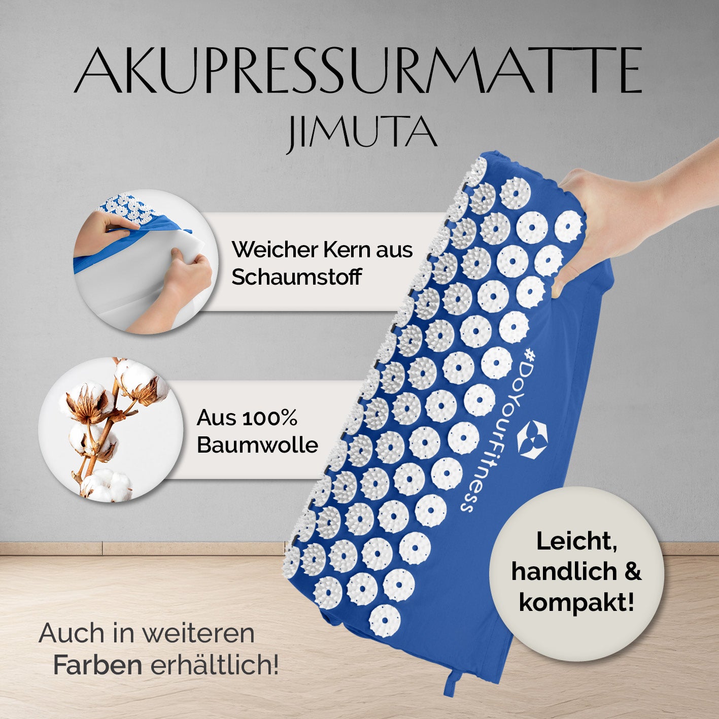 Akupressur-Set Jimuta - 20 x 20 x 42 cm - blau, Akupressurmatte mit Schaumstoffkern, 100% Baumwolle, leicht und handlich.
