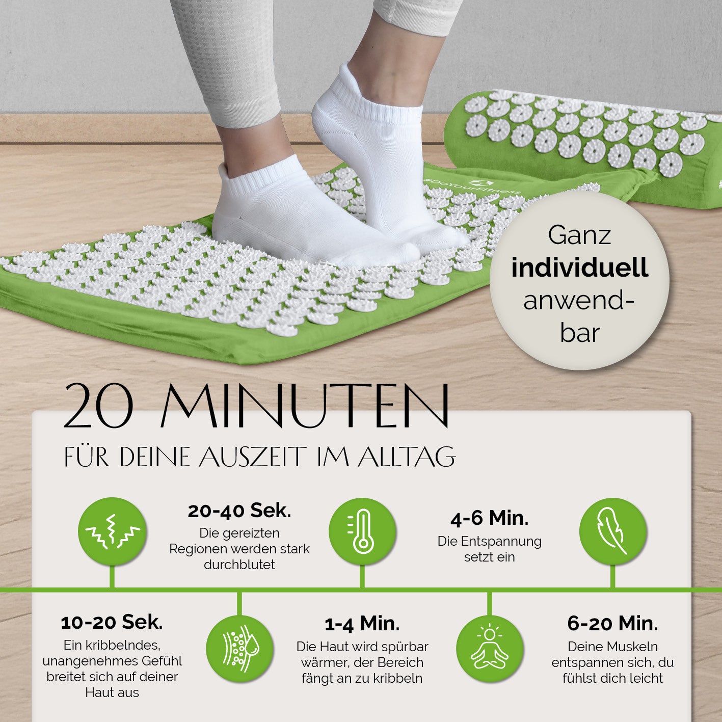 Akupressur-Set Jimuta 20 x 20 x 42 cm grün mit Nadelmatte und Nackenkissen für Entspannung und Durchblutungsförderung