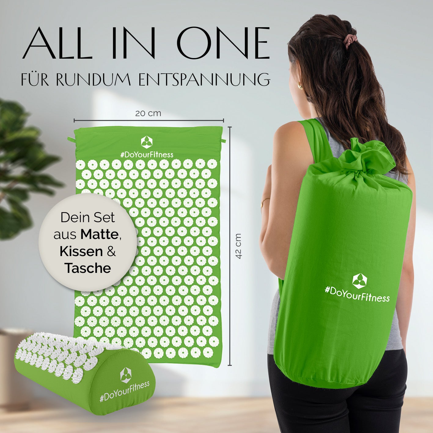 Akupressur-Set Jimuta 20x20x42 cm grün mit Nadelmatte, Nackenkissen und Tragetasche für ganzheitliche Entspannung zu Hause
