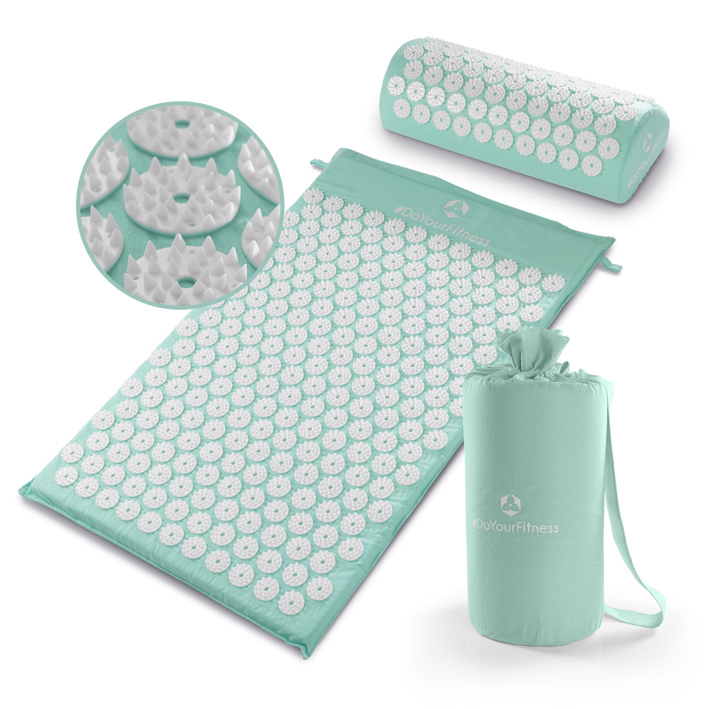 Akupressur-Set Jimuta - 20 x 20 x 42 cm - türkis mit Matte, Nackenkissen und tragbarem Beutel zur Entspannung und Durchblutungsförderung.