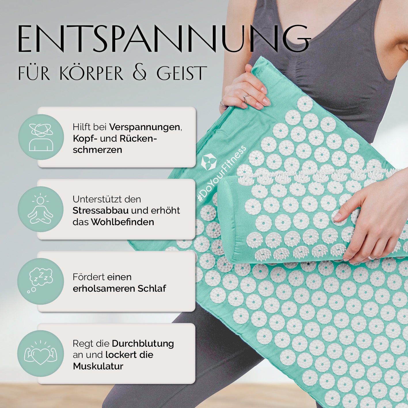 Akupressur-Set Jimuta - 20 x 20 x 42 cm - türkis mit Matte und Nackenkissen zur Entspannung von Körper und Geist.