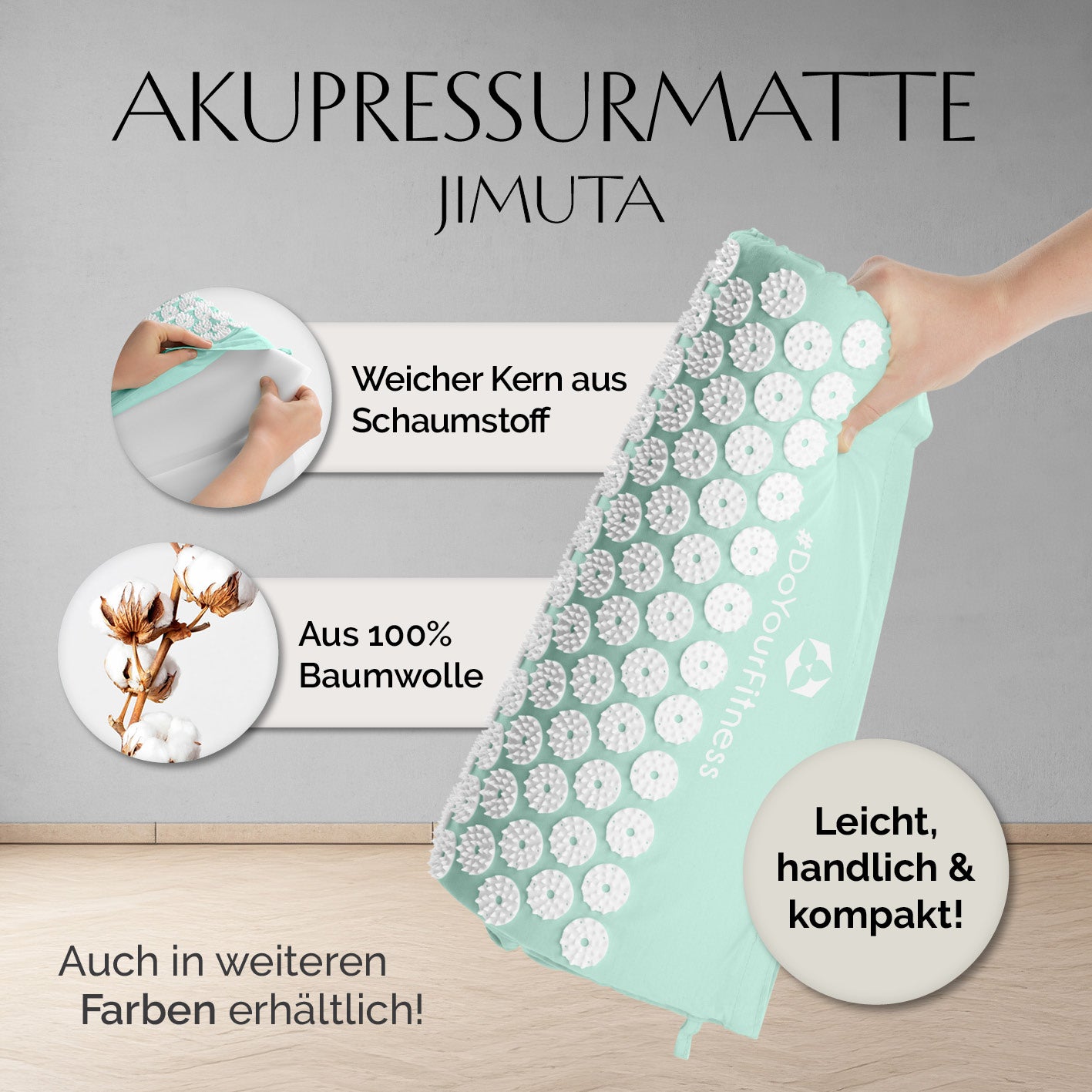Akupressur-Set Jimuta türkis mit 100% Baumwolle, weichem Schaumstoffkern, handlich, leicht und kompakt für Entspannung und Wohlbefinden.