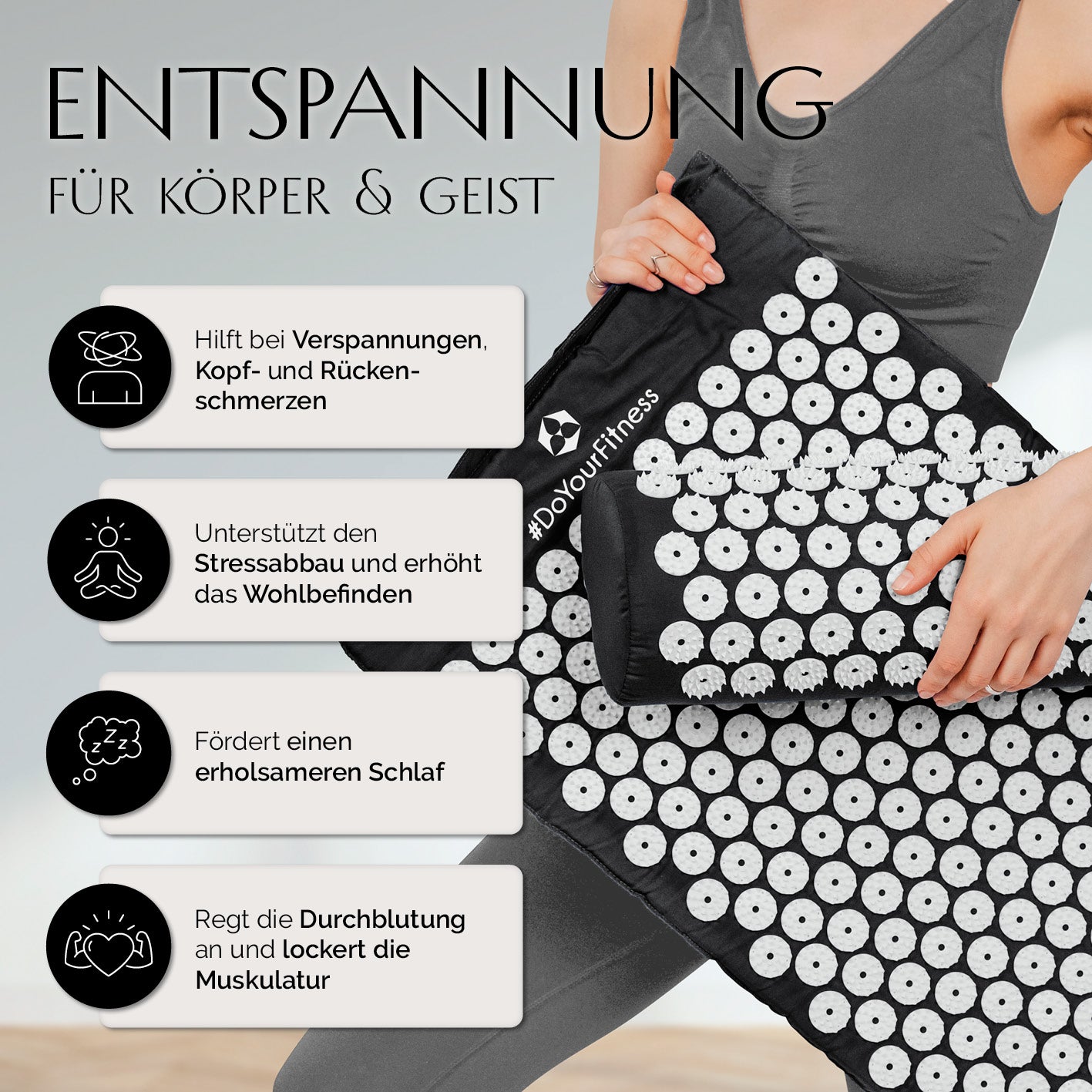 Akupressur-Set Jimuta 20x20x42 cm schwarz mit Nadelmatte und Nackenkissen für Entspannung und bessere Durchblutung.