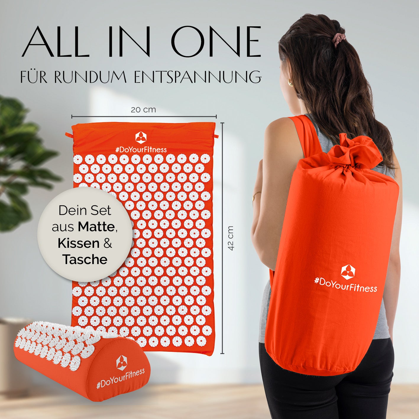 Akupressur-Set Jimuta 20x20x42 cm orange mit Matte, Nackenkissen und Tasche für ganzkörperliche Entspannung von DoYourFitness.