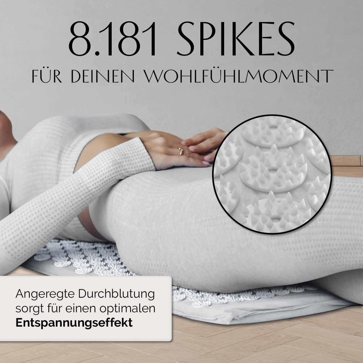 Akupressur-Set Jimuta - 20 x 20 x 42 cm - weiß mit Nadelmatte und Nackenkissen für entspannende Durchblutungsförderung.
