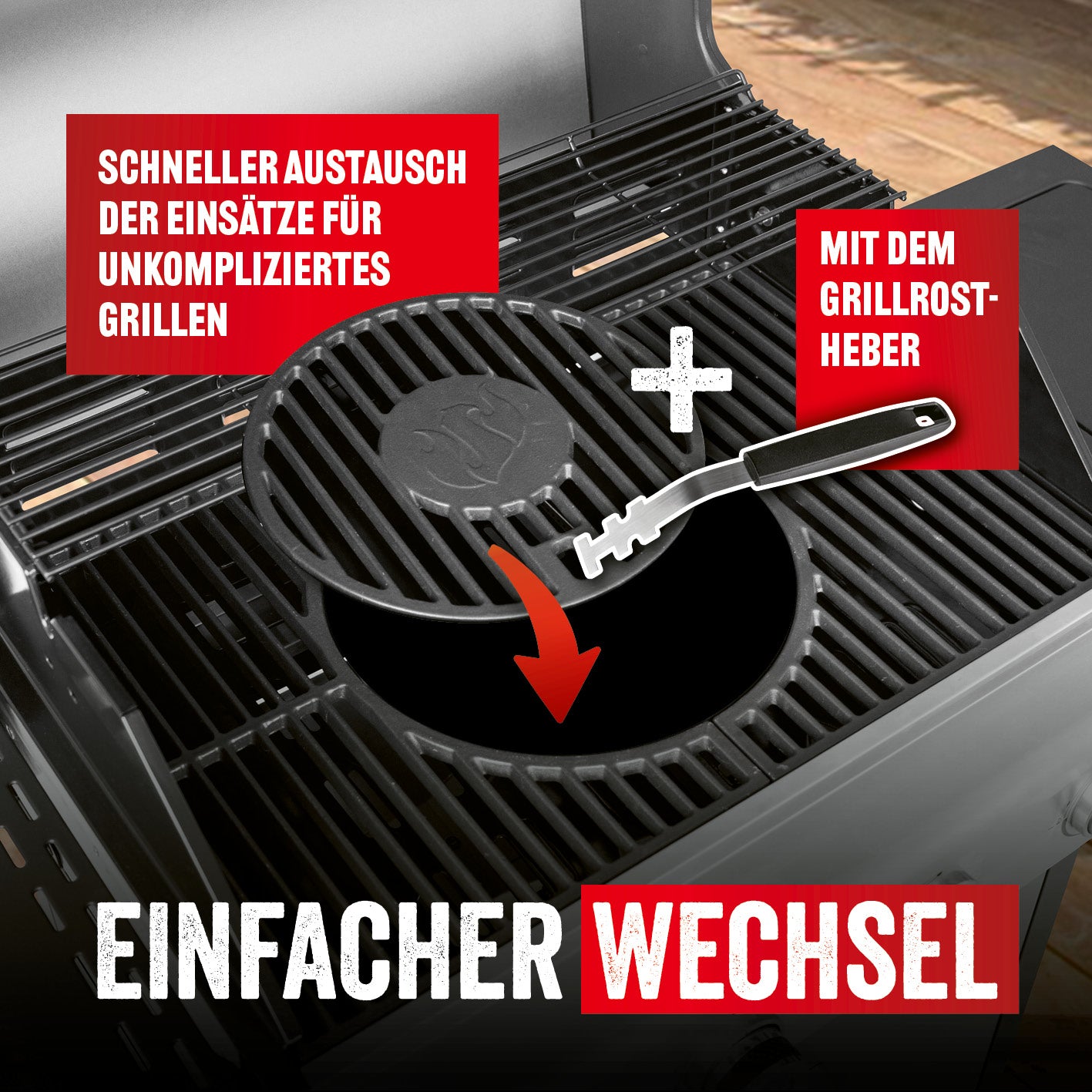 Modulus Grillrostsystem Triton 2.1 emaillierter Gusseisenrost mit praktischem Grillrostheber für schnellen Einsatzwechsel.