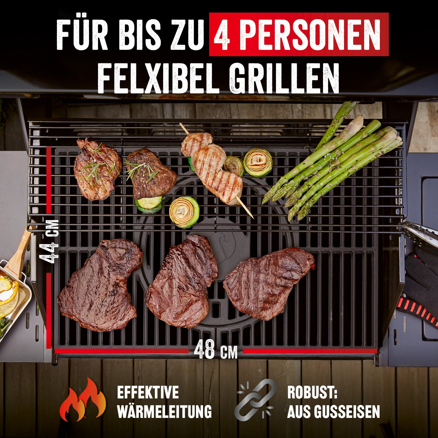 Modulus Grillrostsystem Triton 2.1 aus emailliertem Gusseisen, 48x44 cm, flexibel und robust für bis zu 4 Personen Grillen.