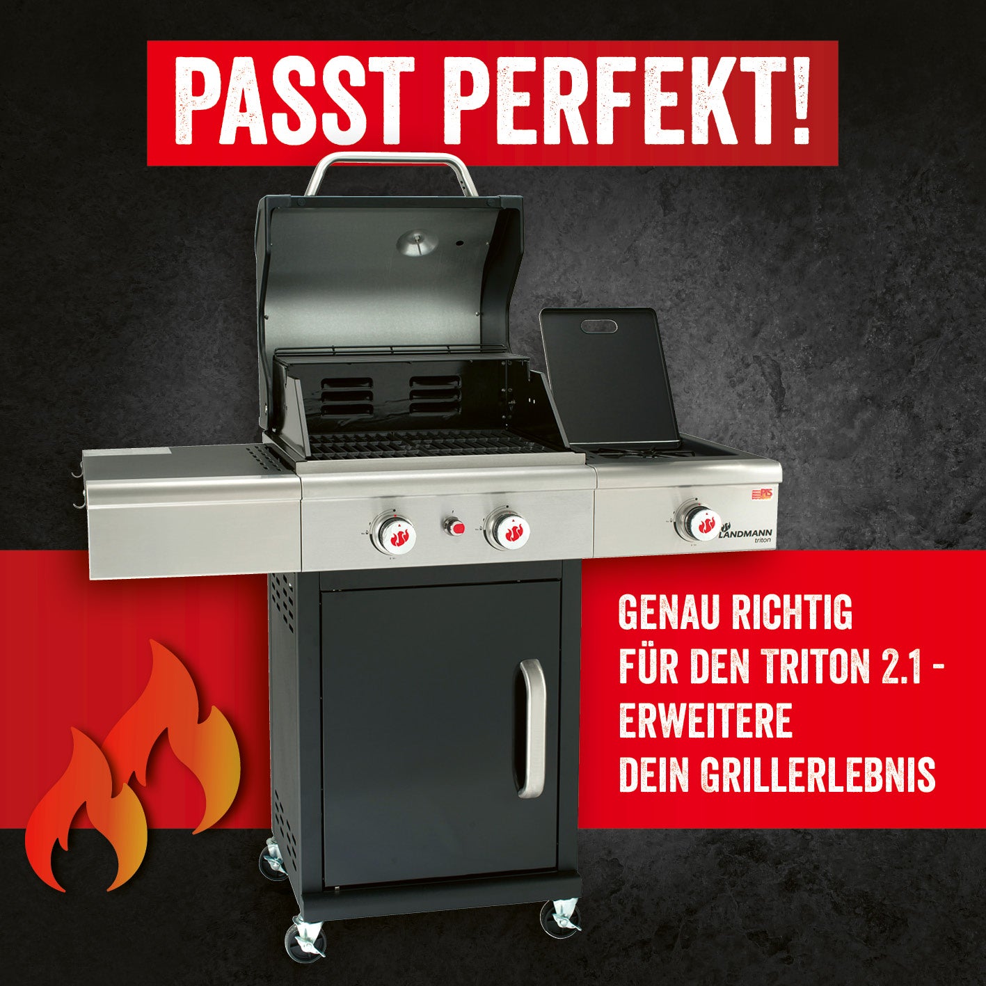 Modulus Grillrostsystem Triton 2.1 aus emailliertem Gusseisen, modularer Grillrost für vielseitiges Grillzubehör, Maße 48x44x2 cm.
