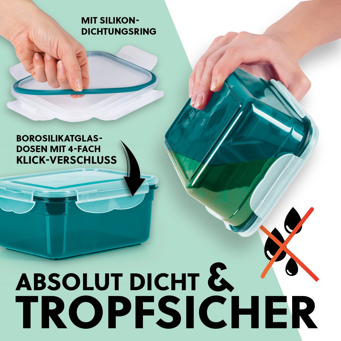 Frischhaltedosen Klick-it, 14-tlg., Smaragd mit dichtem Silikonring und 4-fach Klickverschluss, luftdicht und tropfsicher.