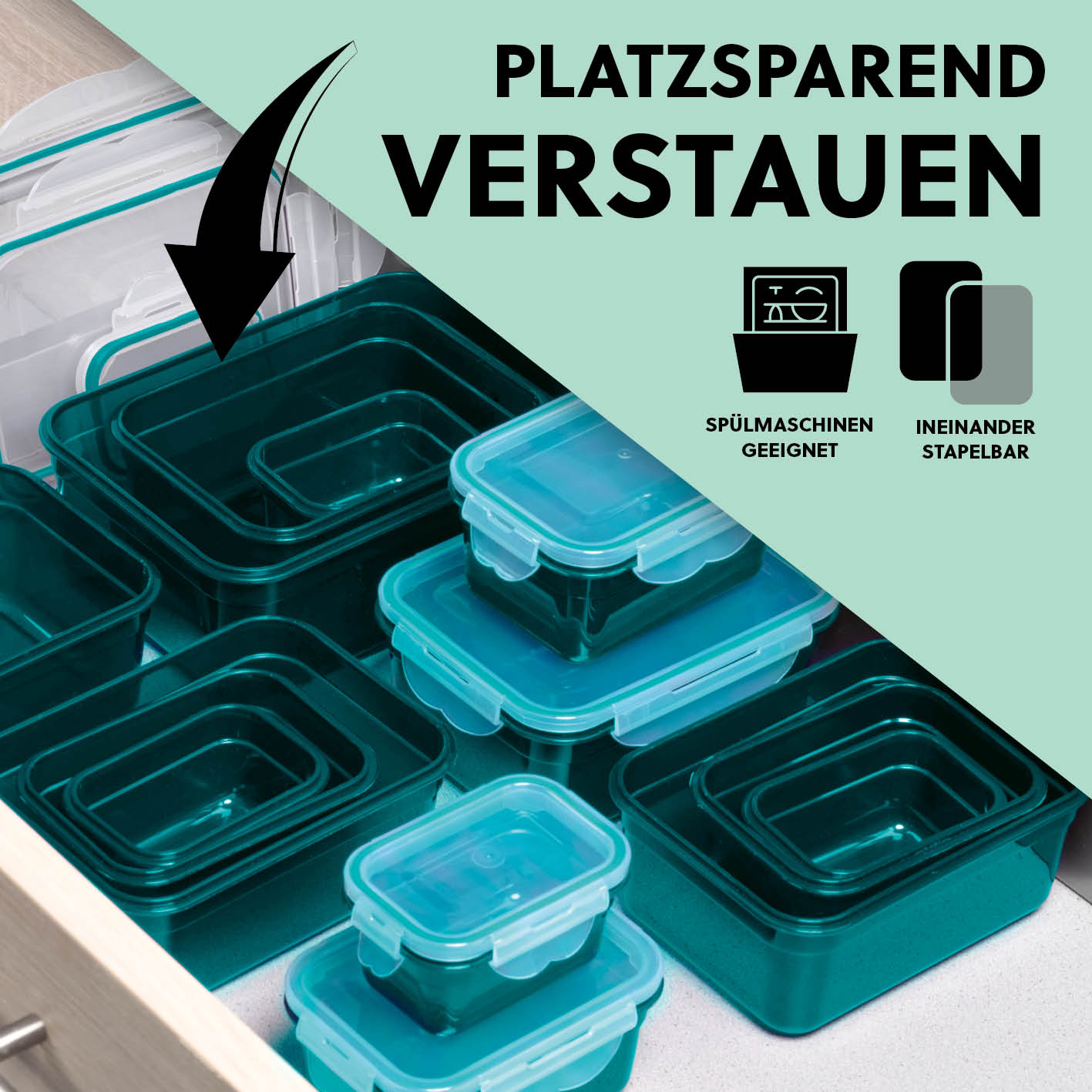 Frischhaltedosen Klick-it, 14-tlg., Smaragd stapelbar, spülmaschinengeeignet, platzsparend und luftdicht für optimale Aufbewahrung.