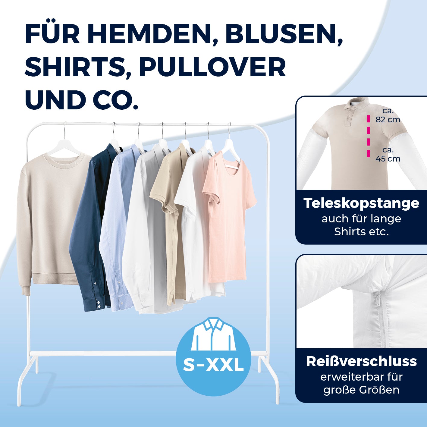 Hemdenbügler PRO STEAM - Weiß mit Teleskopstange und Reißverschluss, ideal für Hemden, Blusen, Shirts in Größen S bis XXL.