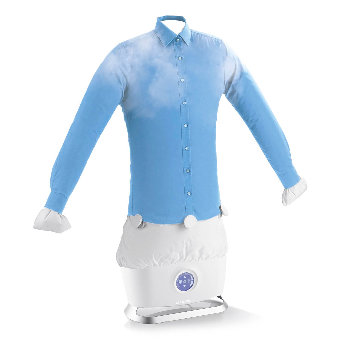 Hemdenbügler PRO STEAM - Weiß zeigt automatisches Dampfbügeln eines blauen Hemdes mit Zeitersparnis und Auffrischfunktion.