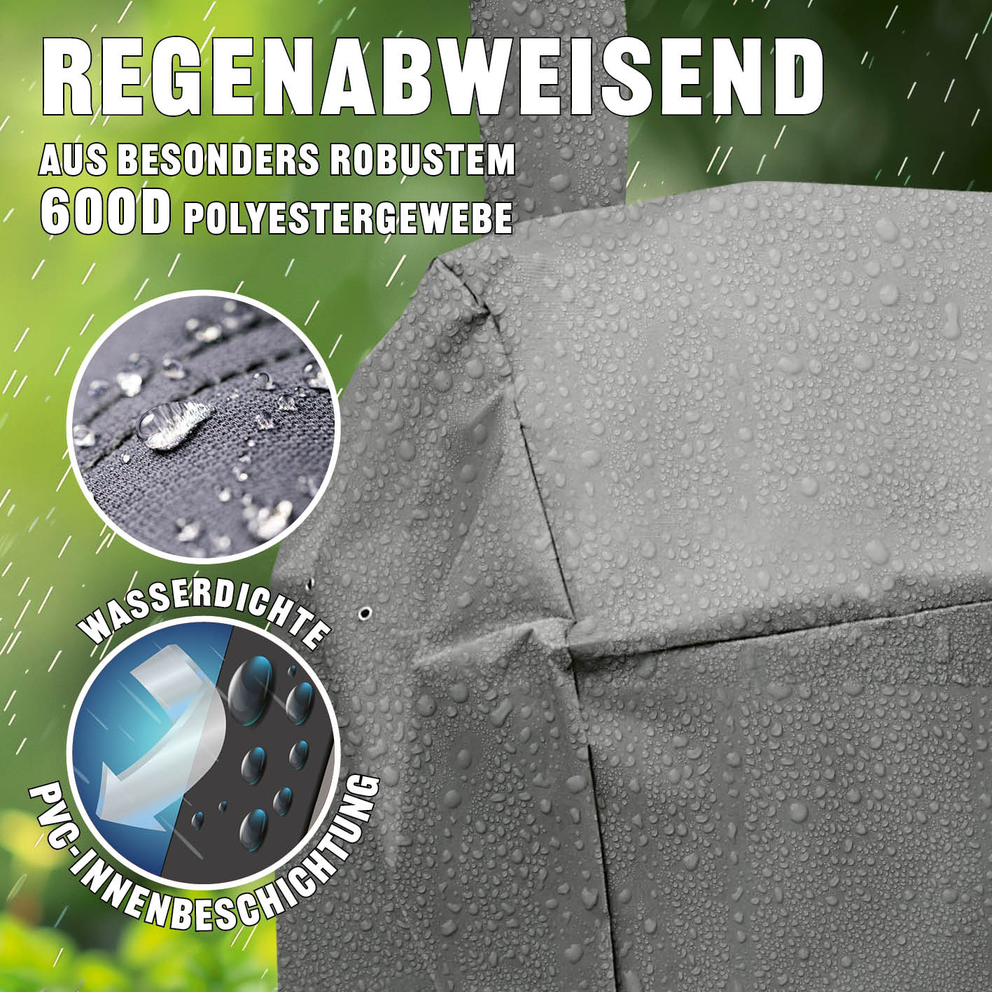 Premium Wetterschutzhaube 78 x 130 x 118 cm aus 600D Polyester, wasserdicht mit PVC Innenbeschichtung, regenabweisend und reißfest.