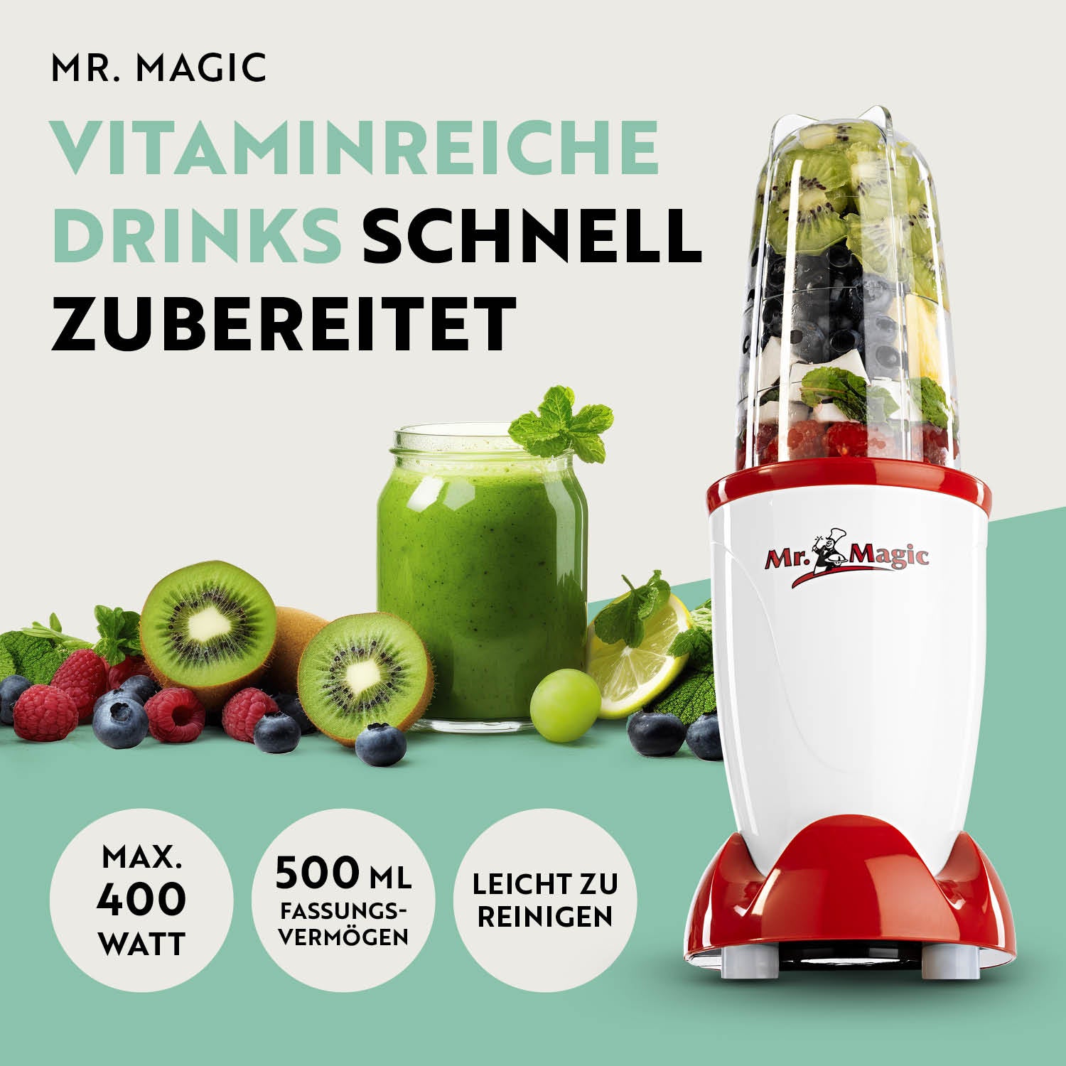 Mr. Magic Mixer - Weiß/Rot mit 400 Watt Motor, 500 ml Behälter, leicht zu reinigen, ideal für Smoothies und frische Drinks.