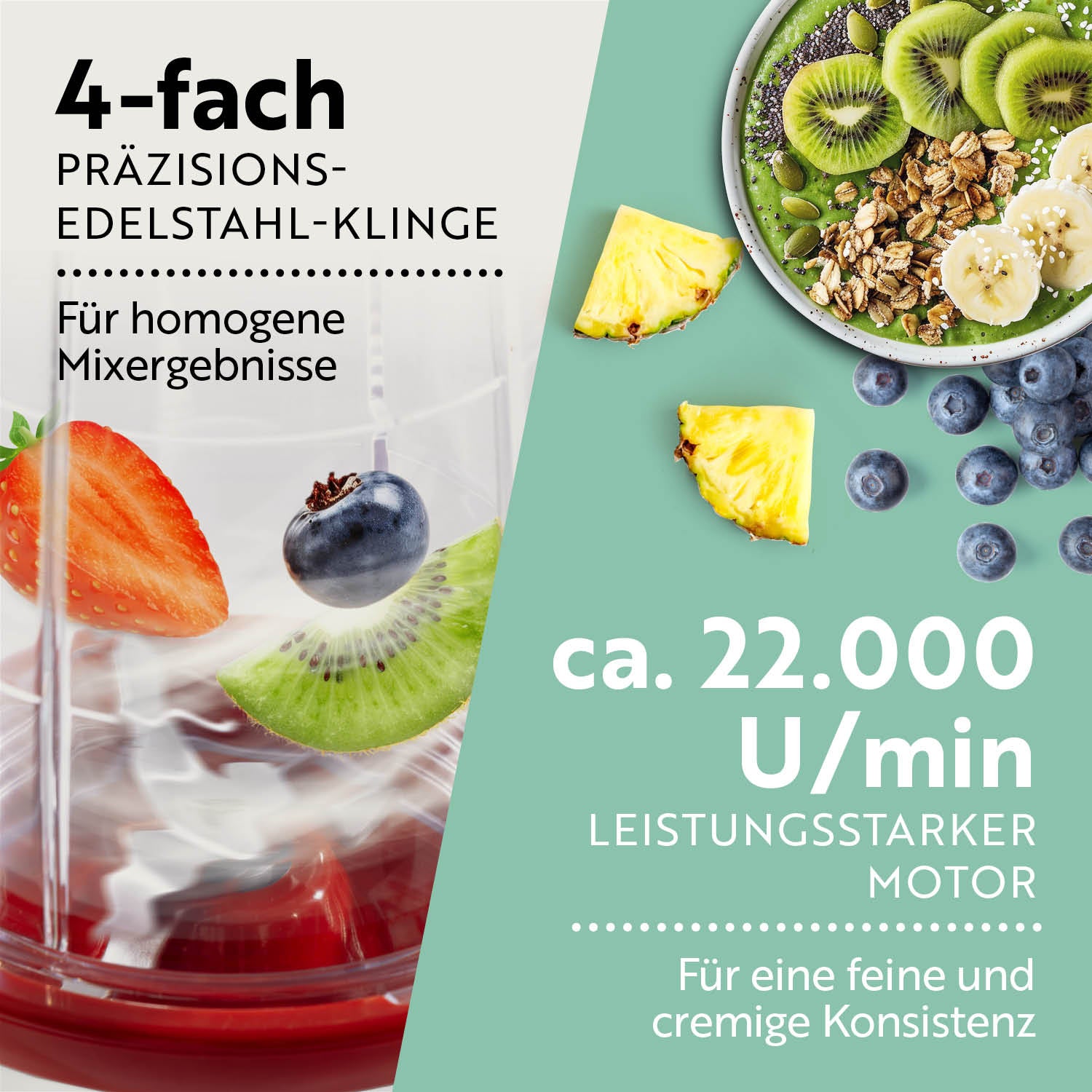 Mr. Magic Mixer - Weiß/Rot mit 4-fach Edelstahl-Klinge und 22000 U/min Motor für feine, cremige Mix-Ergebnisse.