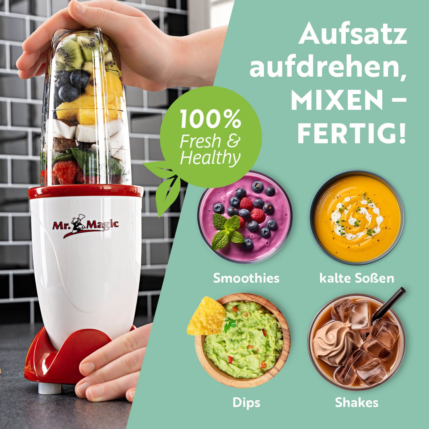 Mr. Magic Mixer - Weiß/Rot kompakter Standmixer mit 400W Motor für Smoothies, Shakes, Dips und kalte Soßen, einfache Handhabung.