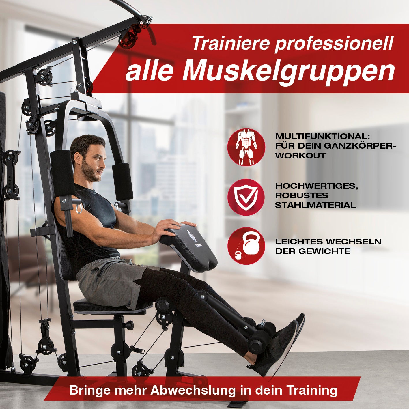 Mann nutzt Kraftstation mit gepolsterten Griffen für vielseitiges Ganzkörpertraining zuhause, Gewichte bis 67 kg einstellbar