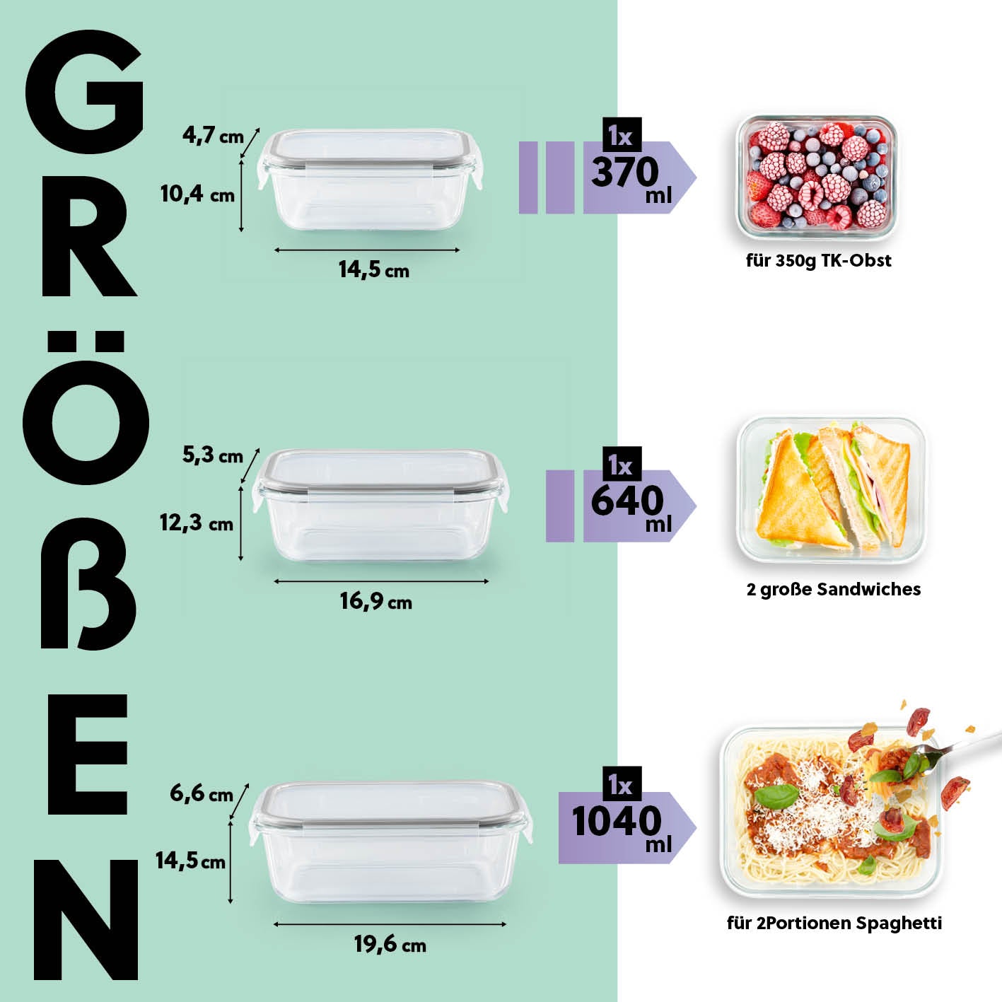 Frischhaltedosen Klick-it, 6-tlg., Grau – 3 luftdichte Glasdosen in 3 Größen für Snacks, Sandwiches und Spaghetti, stapelbar und transparent.