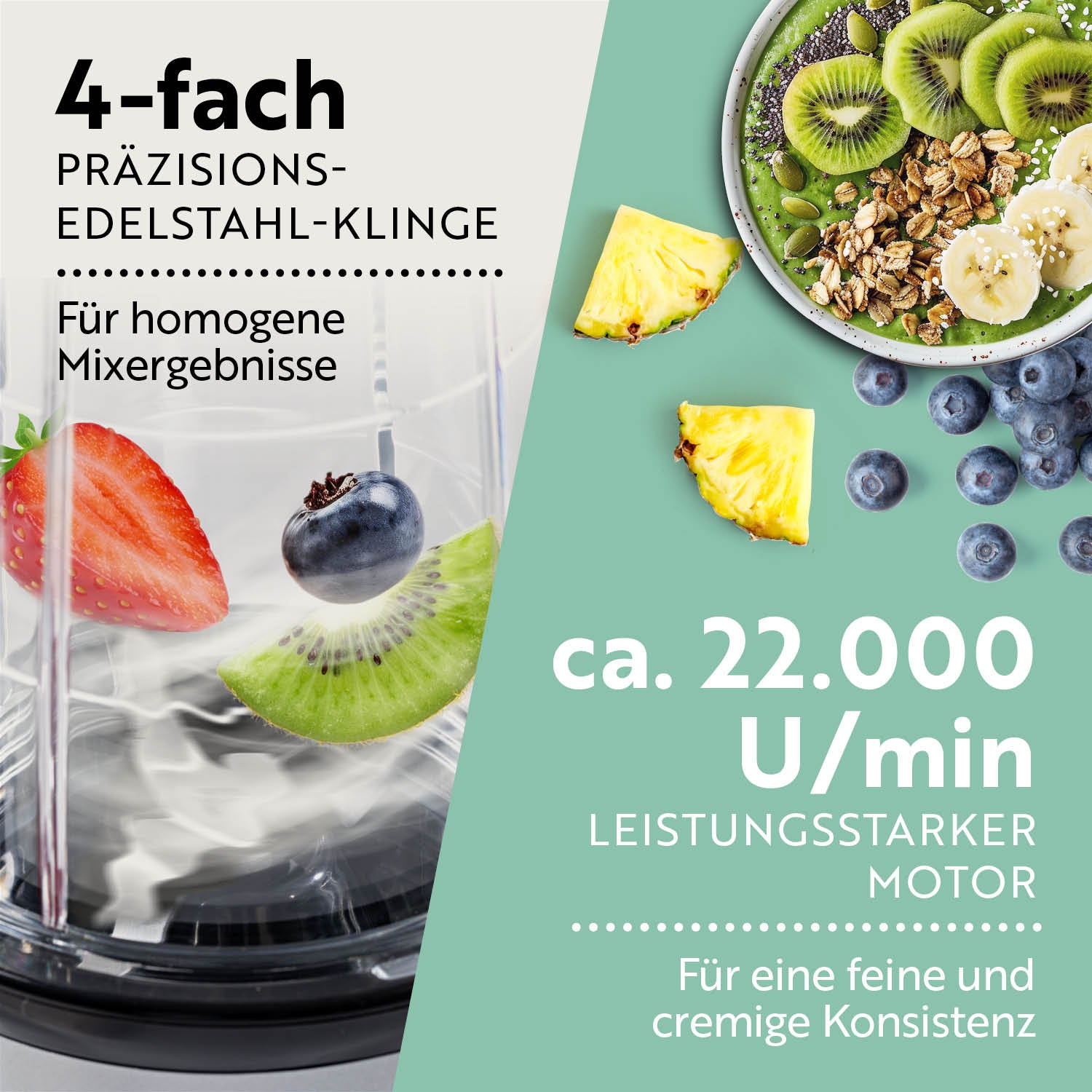 Mr. Magic Mixer Silber/Schwarz mit 4-fach Edelstahl-Klinge und 400-Watt-Motor für feines Mixen und cremige Konsistenz.