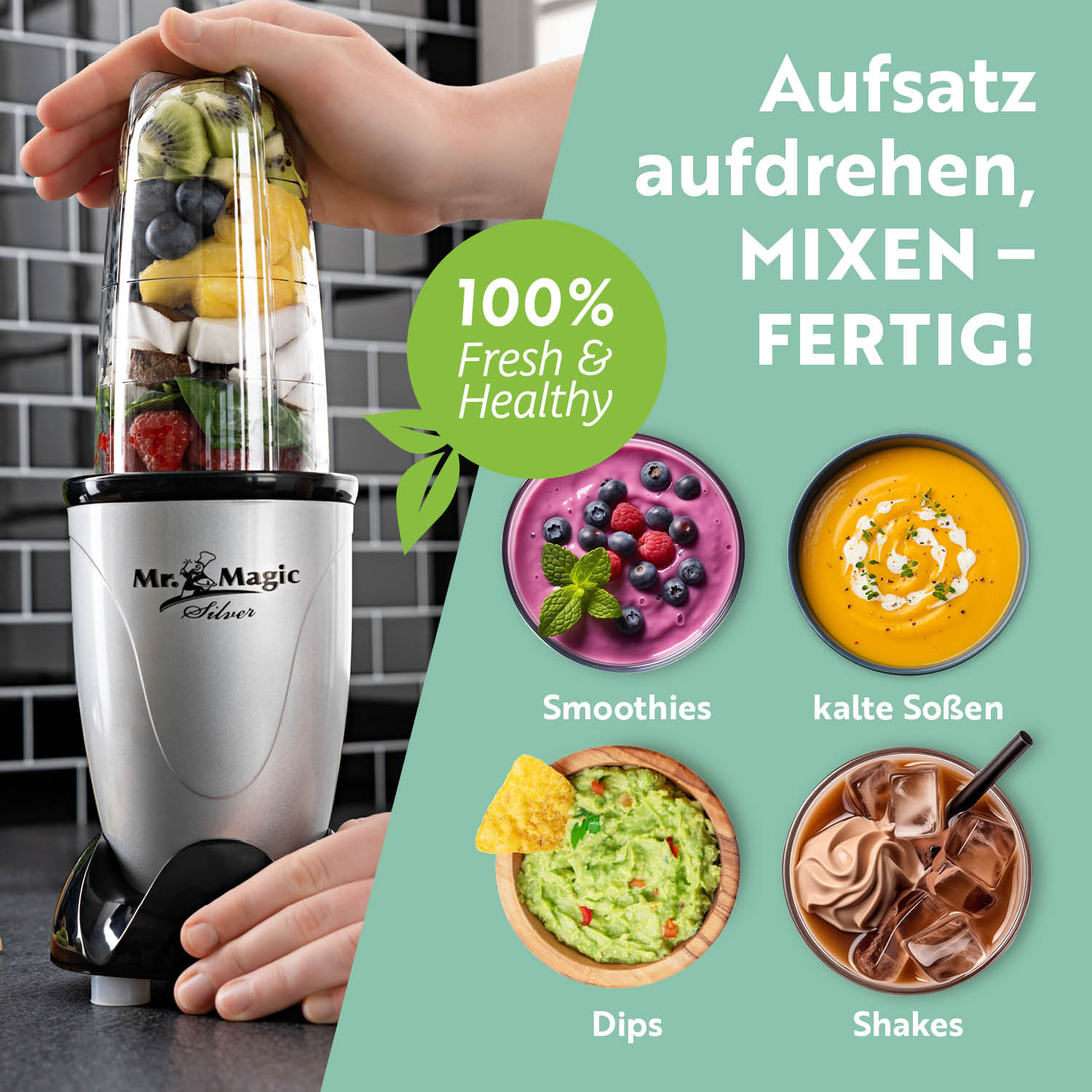 Mr. Magic Mixer Silber/Schwarz mit einfachem Aufsatz für Smoothies, Shakes, Dips und kalte Soßen – 100% frisch und gesund.